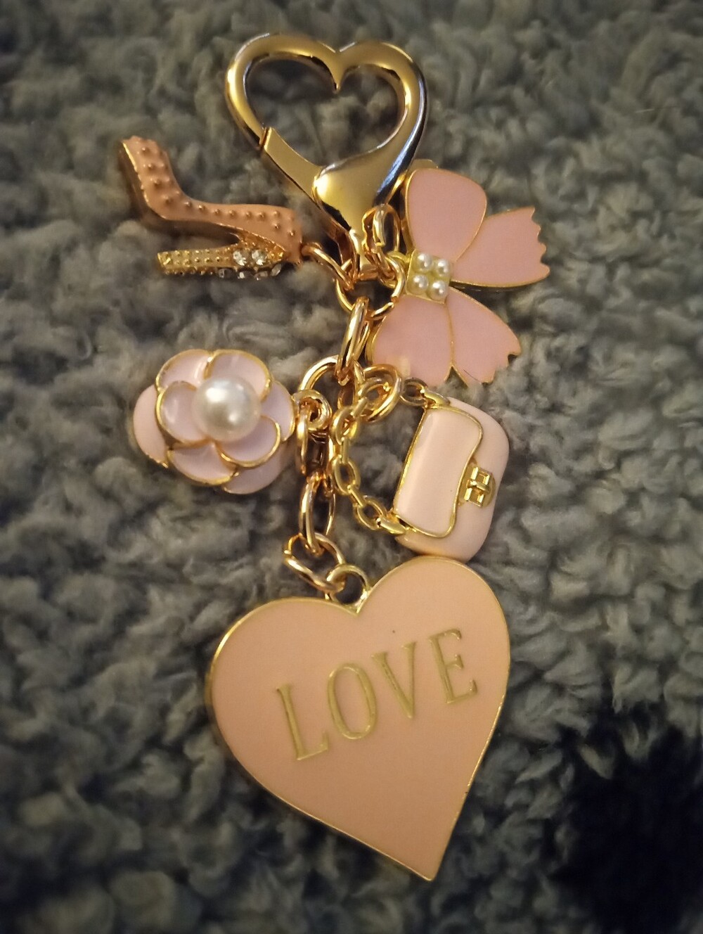 PURSE CHARM KEY FOB PRETTY IN PINK FIVE CHARMS 4 IN HEELS, HEART LOVE, BOW, FLOW